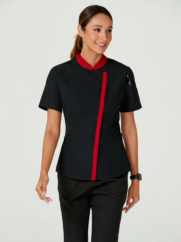 Σετ δύο τεμαχίων ποδιά σεφ για καταστήματα κατοικίδιων και σαλόνια ομορφιάς, με Stand Collar, patchwork σχέδιο, ύφασμα που απομακρύνει την υγρασία, πολυεστέρας-σπαντέξ, κοντά μανίκια, μακριά παντελόνια