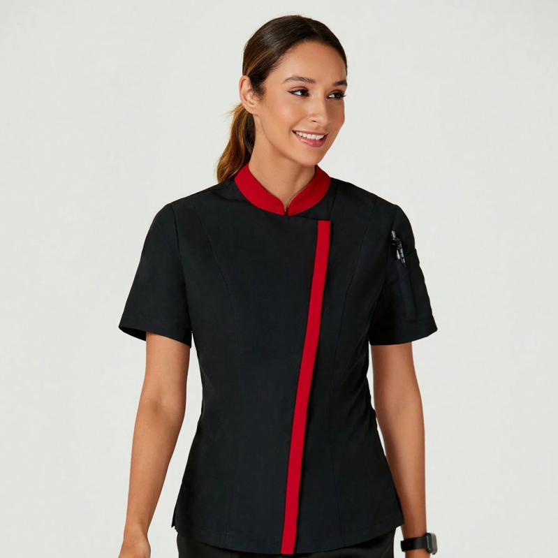 Σετ δύο τεμαχίων ποδιά σεφ για καταστήματα κατοικίδιων και σαλόνια ομορφιάς, με Stand Collar, patchwork σχέδιο, ύφασμα που απομακρύνει την υγρασία, πολυεστέρας-σπαντέξ, κοντά μανίκια, μακριά παντελόνια