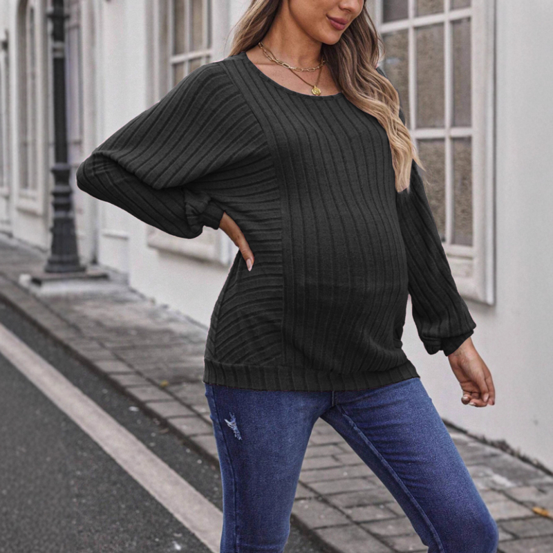 Grūtnieču tops ar lampas piedurknēm, apaļa kakla, poliestera–spandeksa maisījums, vienkrāsains, pulovīrs