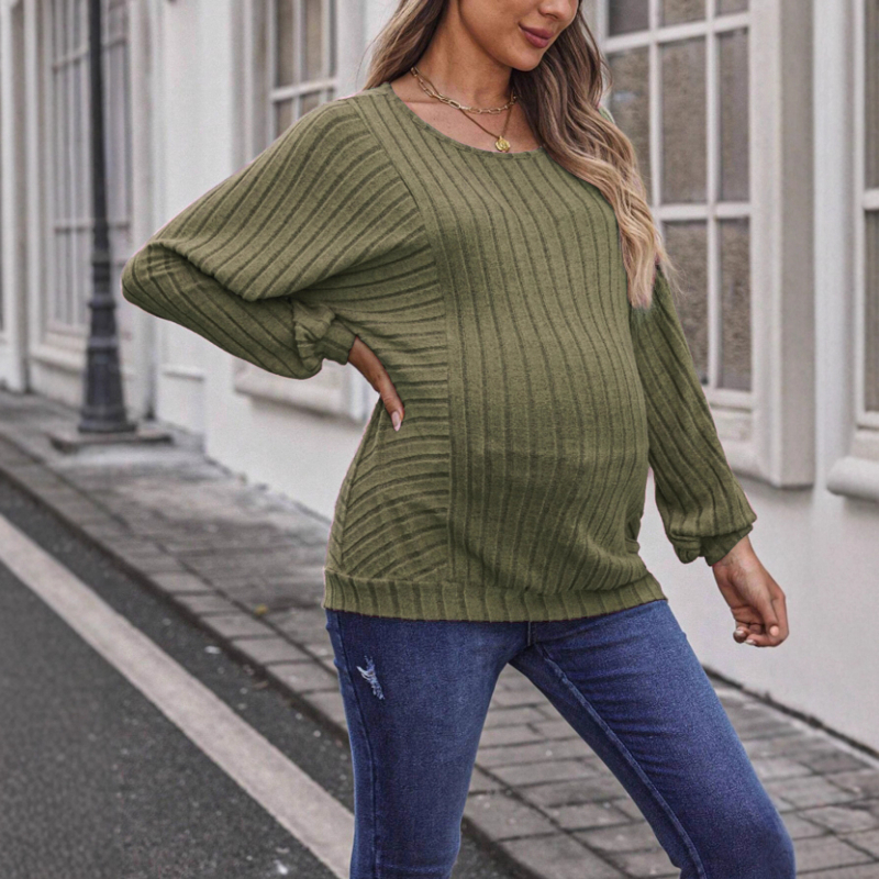 Grūtnieču tops ar lampas piedurknēm, apaļa kakla, poliestera–spandeksa maisījums, vienkrāsains, pulovīrs