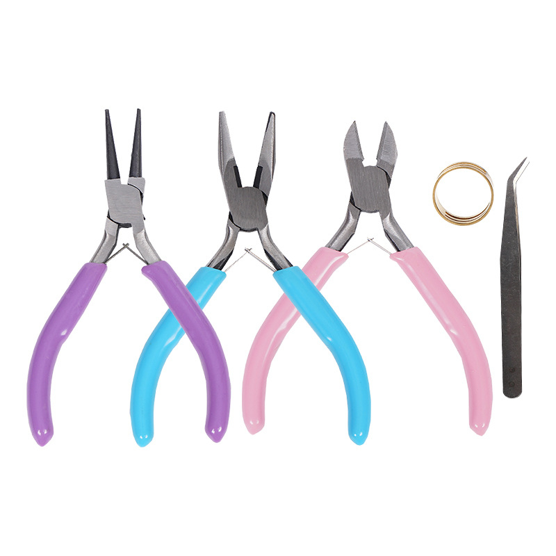 Ékszerfogó készlet testreszabható kivitelben: tűhegyű fogók, diagonális orrú fogók és környező orrú fogók; 45# acél, DIP műanyag fogantyú, antimagnetikus, 500 g