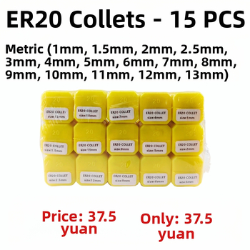 Set ER20 collet, 15 buc., conicitate de 8°, oțel rapid, precizie 0.015 mm
