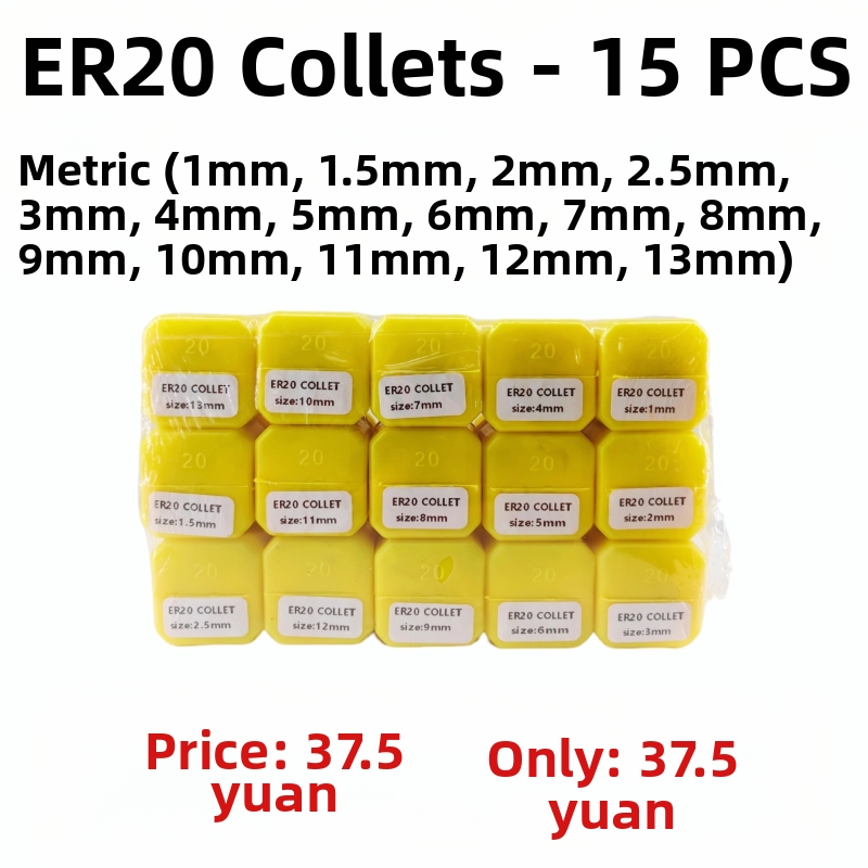 Set ER20 collet, 15 buc., conicitate de 8°, oțel rapid, precizie 0.015 mm