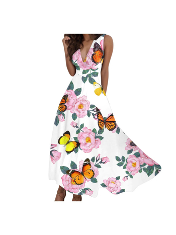 Γυναικείο μακρύ φόρεμα με 3D ψηφιακή εκτύπωση φλοράλ, V-λαιμό, χωρίς μανίκια, πολυεστερικό ύφασμα.