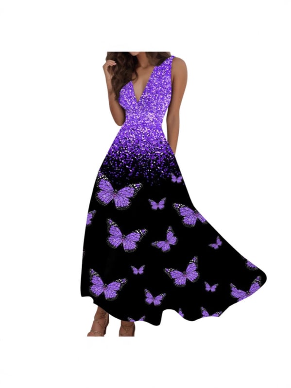 Γυναικείο μακρύ φόρεμα με 3D ψηφιακή εκτύπωση φλοράλ, V-λαιμό, χωρίς μανίκια, πολυεστερικό ύφασμα.