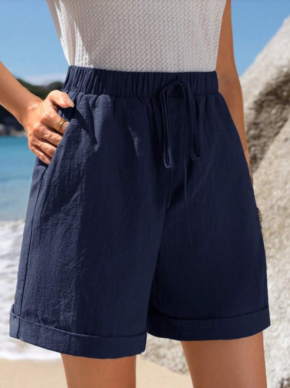 Σορτς με ψηλή μέση και ελαστική ζώνη, μήκος πέντε σημείων, ύφασμα πολυεστέρα βαμμένο με νήματα