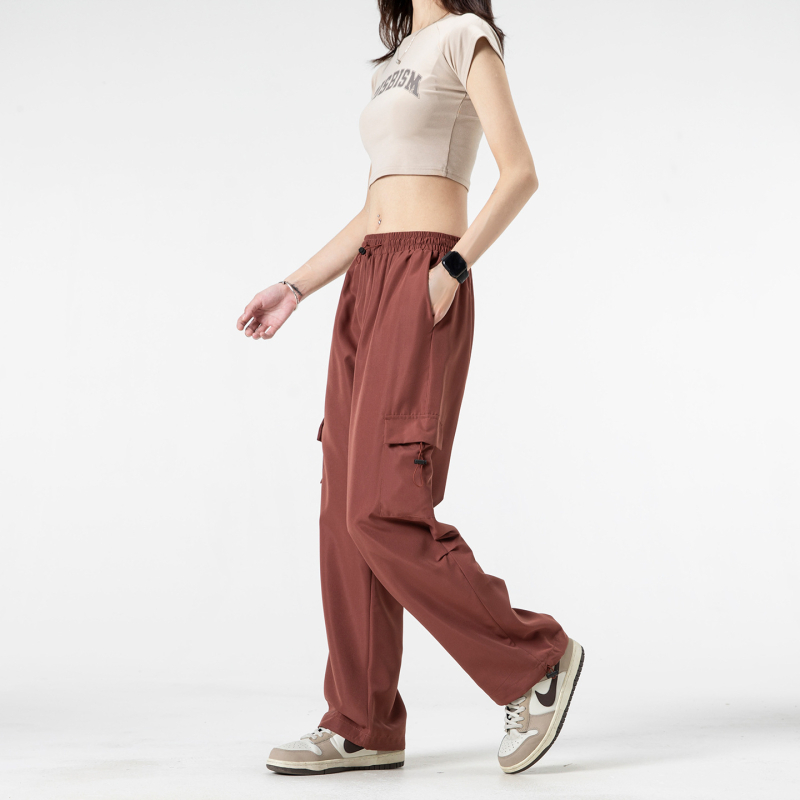 Amerikos stiliaus cargo kelnytės, aukštas liemuo, surišama juostelė, plačios kojos, chenille audinys