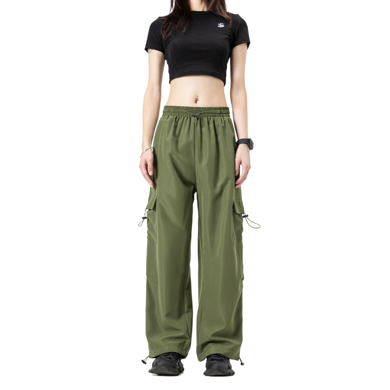 Amerikos stiliaus cargo kelnytės, aukštas liemuo, surišama juostelė, plačios kojos, chenille audinys