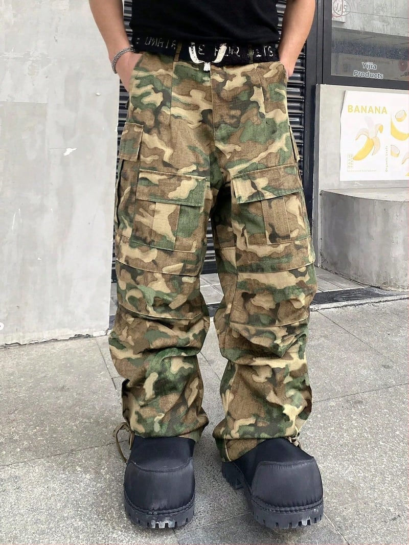 Ανδρικά cargo παντελόνια με καμουφλάζ, χαλαρή γραμμή, μέση μεσαίου ύψους, κλείσιμο με κουμπιά, 100% πολυεστέρας