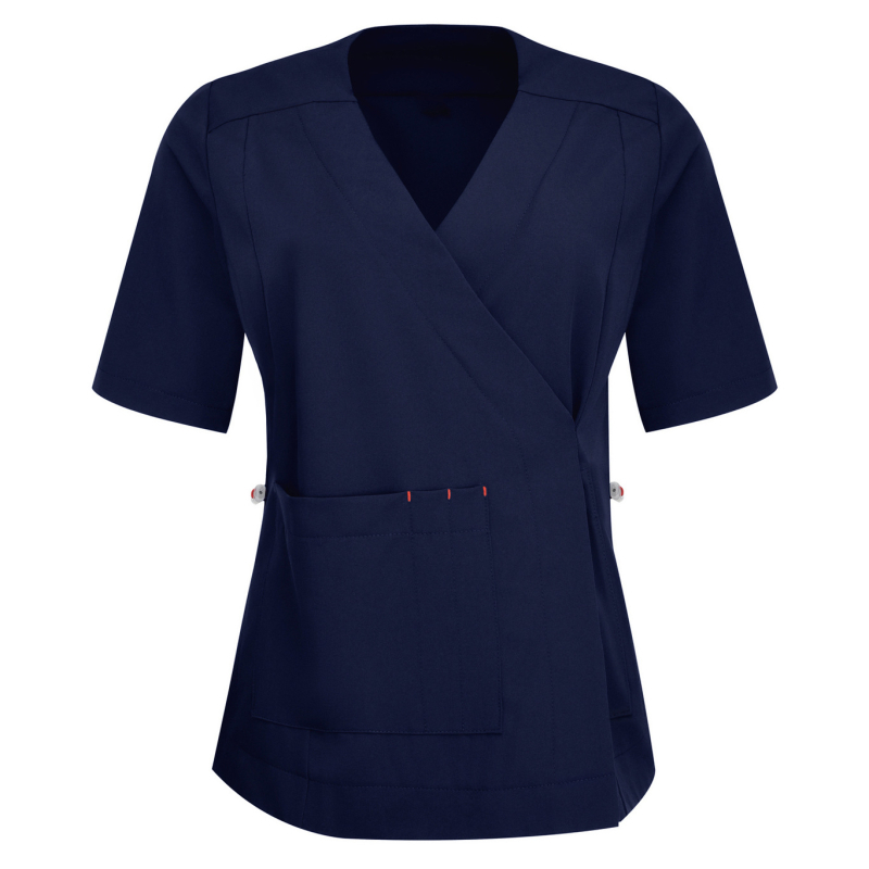 Τοπ με V-λαιμό, κοντό μανίκι, σφιχτή μέση, με πολλές τσέπες, ύφασμα πολυεστέρας-ελαστάν, απομάκρυνση υγρασίας, κατάλληλο για ιατρικές στολές και σαλόνια ομορφιάς