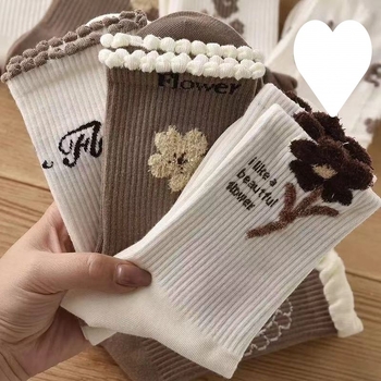 Moteriški pūkuoti kojinės su gėlėmis iki kelių, Mori stilius, nėrinių apdaila, vidutinio ilgio, rudens–žiema (Pakuotė:1; Medžiaga:1; Dydžiai:1; Kalėdos)