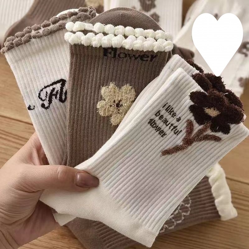 Moteriški pūkuoti kojinės su gėlėmis iki kelių, Mori stilius, nėrinių apdaila, vidutinio ilgio, rudens–žiema (Pakuotė:1; Medžiaga:1; Dydžiai:1; Kalėdos)