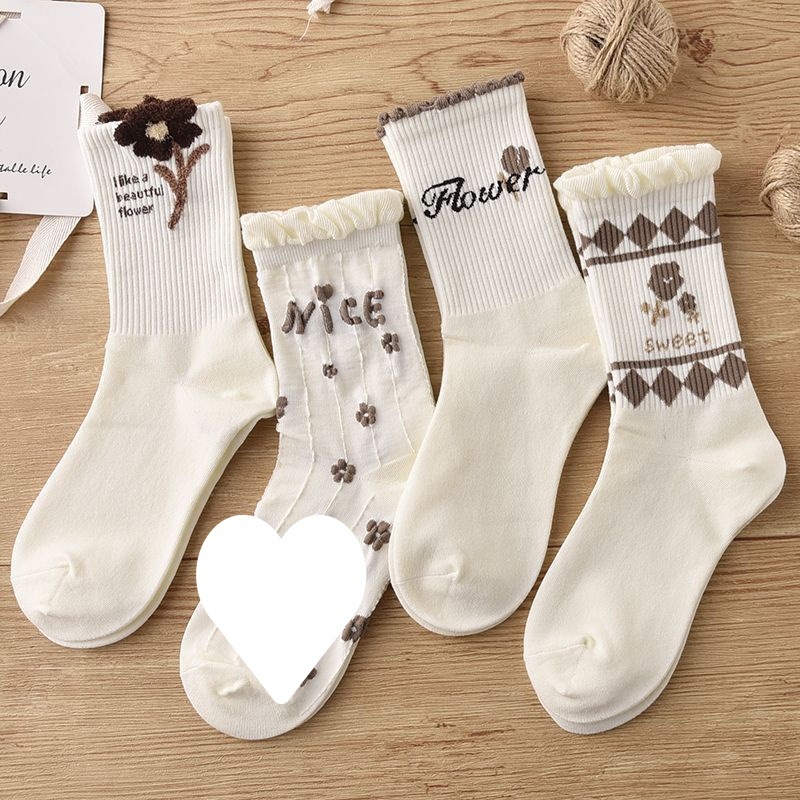 Moteriški pūkuoti kojinės su gėlėmis iki kelių, Mori stilius, nėrinių apdaila, vidutinio ilgio, rudens–žiema (Pakuotė:1; Medžiaga:1; Dydžiai:1; Kalėdos)