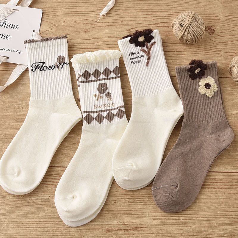 Moteriški pūkuoti kojinės su gėlėmis iki kelių, Mori stilius, nėrinių apdaila, vidutinio ilgio, rudens–žiema (Pakuotė:1; Medžiaga:1; Dydžiai:1; Kalėdos)