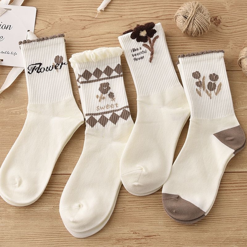 Moteriški pūkuoti kojinės su gėlėmis iki kelių, Mori stilius, nėrinių apdaila, vidutinio ilgio, rudens–žiema (Pakuotė:1; Medžiaga:1; Dydžiai:1; Kalėdos)