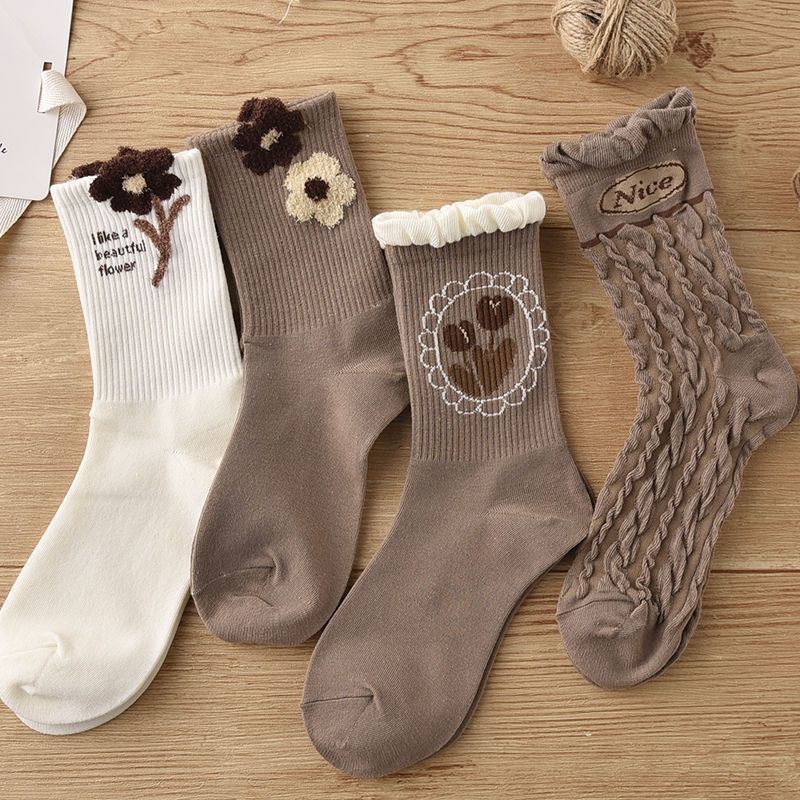 Moteriški pūkuoti kojinės su gėlėmis iki kelių, Mori stilius, nėrinių apdaila, vidutinio ilgio, rudens–žiema (Pakuotė:1; Medžiaga:1; Dydžiai:1; Kalėdos)