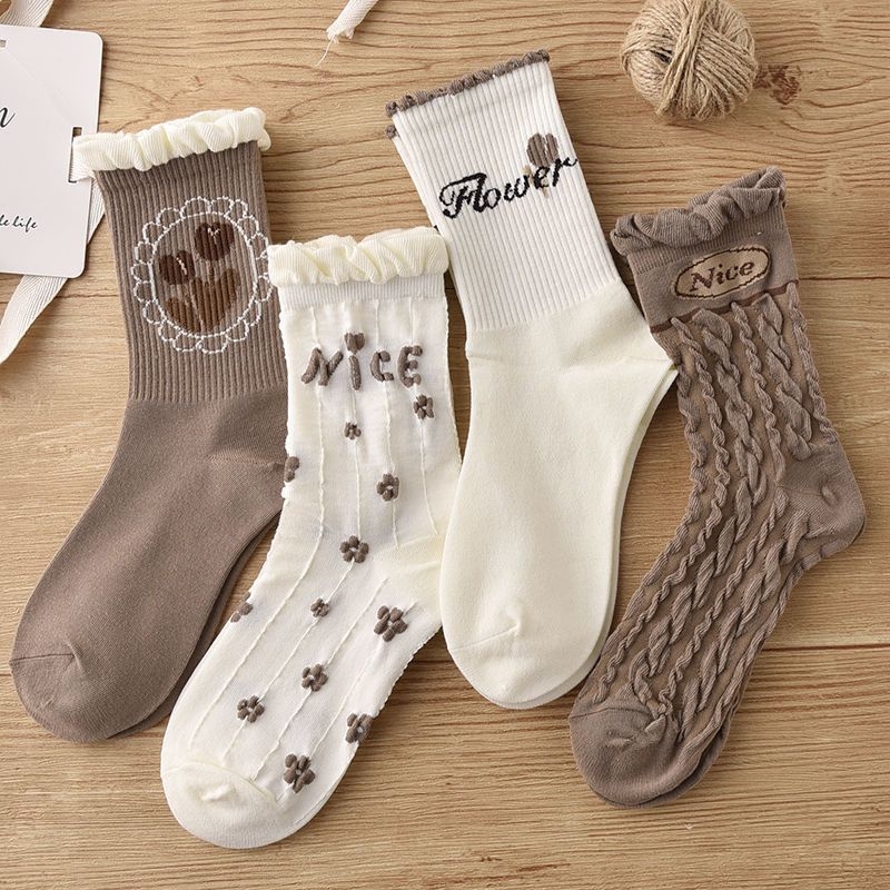 Moteriški pūkuoti kojinės su gėlėmis iki kelių, Mori stilius, nėrinių apdaila, vidutinio ilgio, rudens–žiema (Pakuotė:1; Medžiaga:1; Dydžiai:1; Kalėdos)