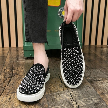 Ανδρικά Slip-On Λούφερς με Ριβέ Κρύσταλλα, PU Επάνω, Καουτσούκ Σόλα, Στρογγυλή Μύτη, Πλατύς Τακούνι, Άνοιξη 2025