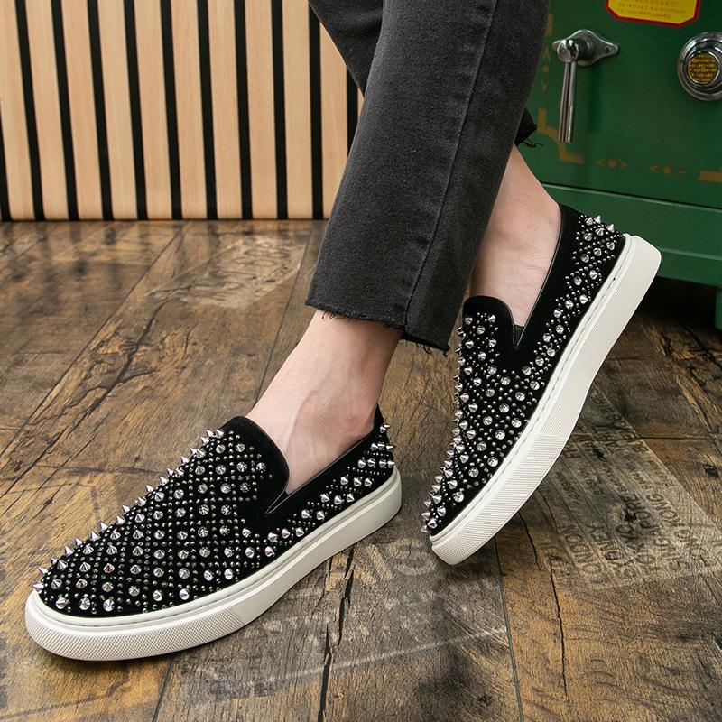 Ανδρικά Slip-On Λούφερς με Ριβέ Κρύσταλλα, PU Επάνω, Καουτσούκ Σόλα, Στρογγυλή Μύτη, Πλατύς Τακούνι, Άνοιξη 2025