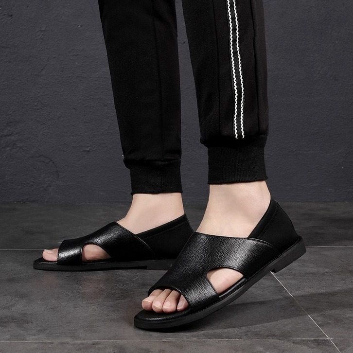 Sandale romane pentru bărbați, piele de vită cu două straturi, respirabile, vârf deschis, talpă din cauciuc