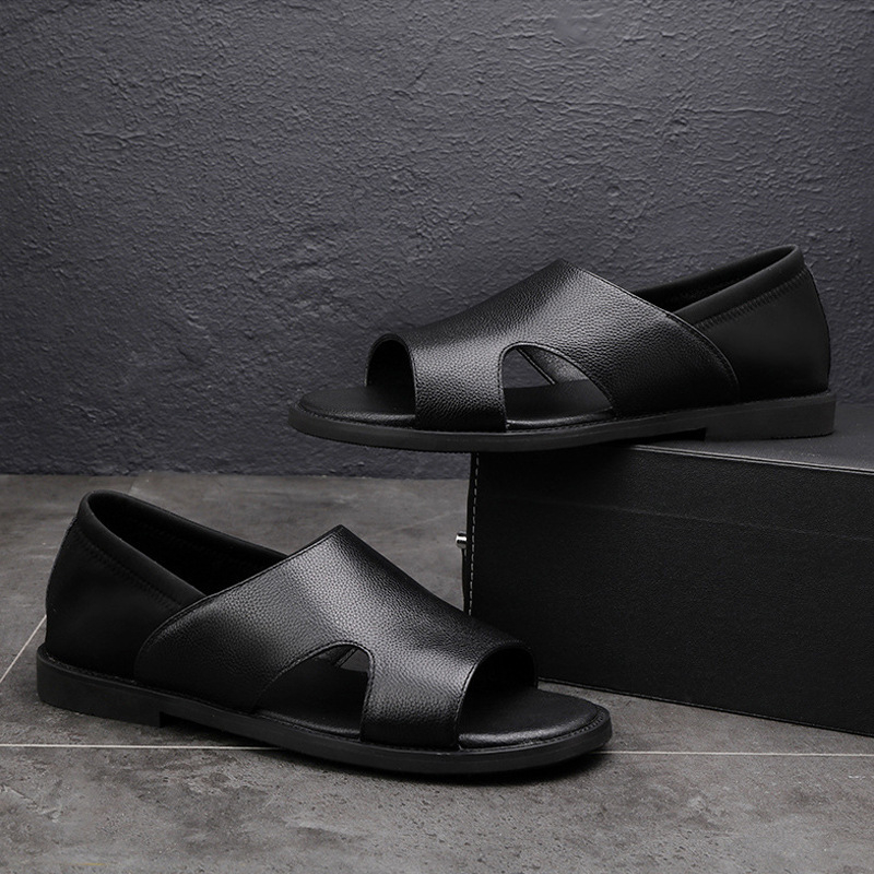 Sandale romane pentru bărbați, piele de vită cu două straturi, respirabile, vârf deschis, talpă din cauciuc