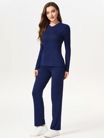 Σετ νοσοκομειακού ρούχου για γυναίκες: μακρυμάνικο τοπ και παντελόνι, πολυεστέρας με απομάκρυνση υγρασίας, στρογγυλό λαιμό, φθινόπωρο 2025