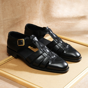 Ανδρικά σανδάλια από γνήσιο δέρμα - Κλείσιμο με αγκράφα, στρογγυλός нос, επάνω μέρος από κορυφαίο βοοειδές δέρμα, σόλα από καουτσούκ (εσωτερικό από δέρμα χοίρου; Κορεατικού στυλ Baotou)