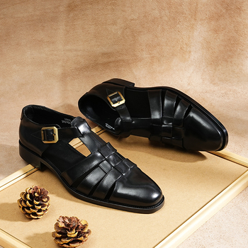 Ανδρικά σανδάλια από γνήσιο δέρμα - Κλείσιμο με αγκράφα, στρογγυλός нос, επάνω μέρος από κορυφαίο βοοειδές δέρμα, σόλα από καουτσούκ (εσωτερικό από δέρμα χοίρου; Κορεατικού στυλ Baotou)