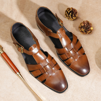 Ανδρικά σανδάλια από γνήσιο δέρμα - Κλείσιμο με αγκράφα, στρογγυλός нос, επάνω μέρος από κορυφαίο βοοειδές δέρμα, σόλα από καουτσούκ (εσωτερικό από δέρμα χοίρου; Κορεατικού στυλ Baotou)