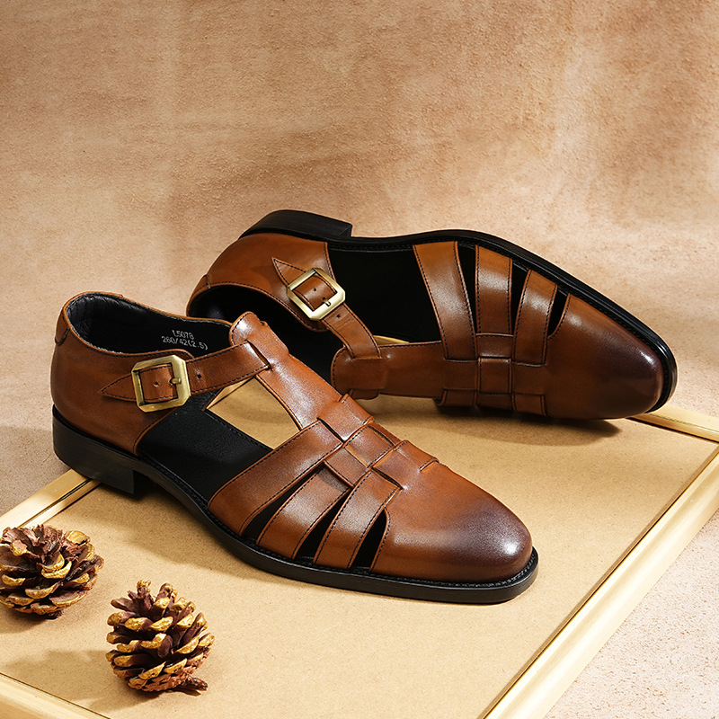 Ανδρικά σανδάλια από γνήσιο δέρμα - Κλείσιμο με αγκράφα, στρογγυλός нос, επάνω μέρος από κορυφαίο βοοειδές δέρμα, σόλα από καουτσούκ (εσωτερικό από δέρμα χοίρου; Κορεατικού στυλ Baotou)