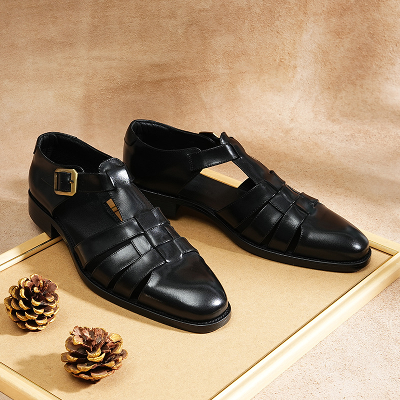 Ανδρικά σανδάλια από γνήσιο δέρμα - Κλείσιμο με αγκράφα, στρογγυλός нос, επάνω μέρος από κορυφαίο βοοειδές δέρμα, σόλα από καουτσούκ (εσωτερικό από δέρμα χοίρου; Κορεατικού στυλ Baotou)