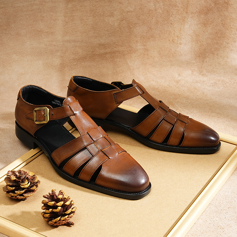 Ανδρικά σανδάλια από γνήσιο δέρμα - Κλείσιμο με αγκράφα, στρογγυλός нос, επάνω μέρος από κορυφαίο βοοειδές δέρμα, σόλα από καουτσούκ (εσωτερικό από δέρμα χοίρου; Κορεατικού στυλ Baotou)