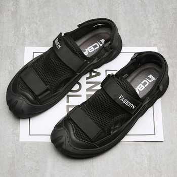 Ανδρικά σανδάλια με επάνω μέρος από γνήσιο δέρμα και πλέγμα, Velcro κλείσιμο, σόλα από καουτσούκ, διαπνοή, αδιάβροχα, αντιολισθητικά