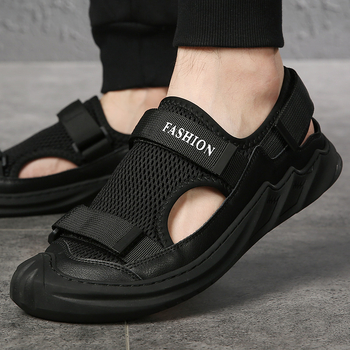 Ανδρικά σανδάλια με επάνω μέρος από γνήσιο δέρμα και πλέγμα, Velcro κλείσιμο, σόλα από καουτσούκ, διαπνοή, αδιάβροχα, αντιολισθητικά