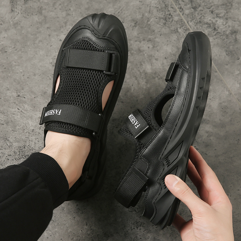 Ανδρικά σανδάλια με επάνω μέρος από γνήσιο δέρμα και πλέγμα, Velcro κλείσιμο, σόλα από καουτσούκ, διαπνοή, αδιάβροχα, αντιολισθητικά