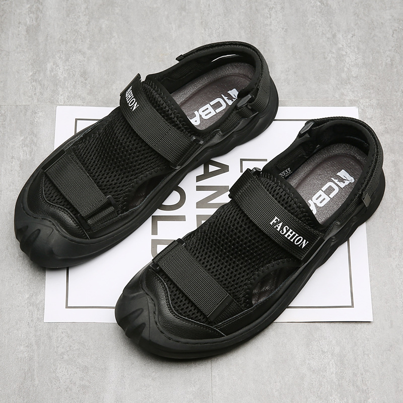 Ανδρικά σανδάλια με επάνω μέρος από γνήσιο δέρμα και πλέγμα, Velcro κλείσιμο, σόλα από καουτσούκ, διαπνοή, αδιάβροχα, αντιολισθητικά