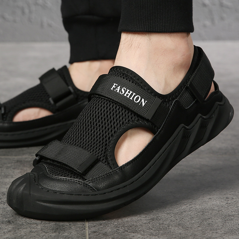 Ανδρικά σανδάλια με επάνω μέρος από γνήσιο δέρμα και πλέγμα, Velcro κλείσιμο, σόλα από καουτσούκ, διαπνοή, αδιάβροχα, αντιολισθητικά