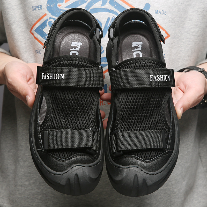 Ανδρικά σανδάλια με επάνω μέρος από γνήσιο δέρμα και πλέγμα, Velcro κλείσιμο, σόλα από καουτσούκ, διαπνοή, αδιάβροχα, αντιολισθητικά