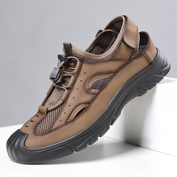 Ανδρικά αθλητικά σανδάλια με διαπερατό mesh άνω μέρος, slip-on με ελαστικό ιμάντα, vamp microfiber + mesh, δερμάτινη επένδυση, PU σόλα