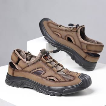 Ανδρικά αθλητικά σανδάλια με διαπερατό mesh άνω μέρος, slip-on με ελαστικό ιμάντα, vamp microfiber + mesh, δερμάτινη επένδυση, PU σόλα