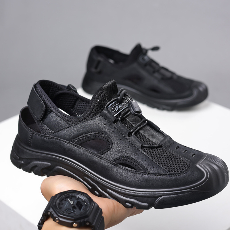 Ανδρικά αθλητικά σανδάλια με διαπερατό mesh άνω μέρος, slip-on με ελαστικό ιμάντα, vamp microfiber + mesh, δερμάτινη επένδυση, PU σόλα