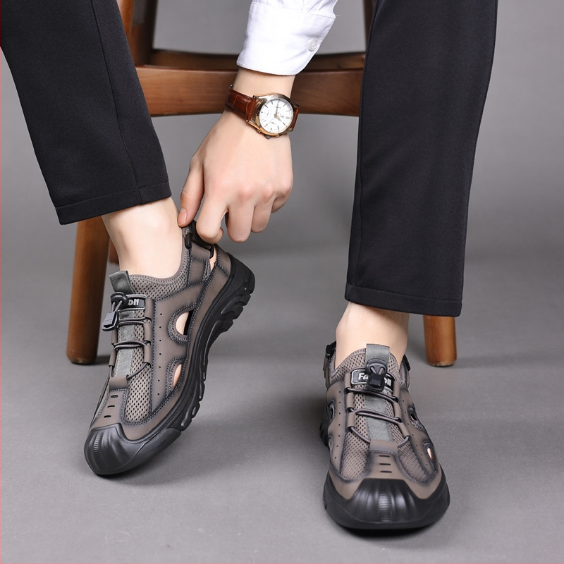 Pánske športové sandále, priedušný sieťovinový vršok, vamp microfiber + mesh, kožená podšívka, PU podrážka, slip-on s elastickým pásom