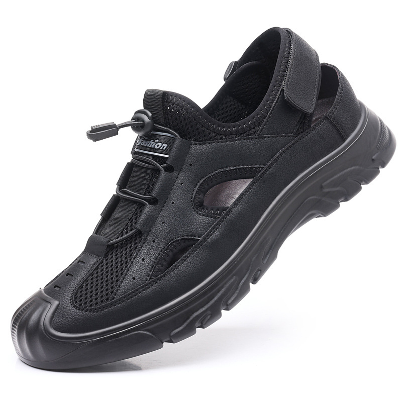 Ανδρικά αθλητικά σανδάλια με διαπερατό mesh άνω μέρος, slip-on με ελαστικό ιμάντα, vamp microfiber + mesh, δερμάτινη επένδυση, PU σόλα