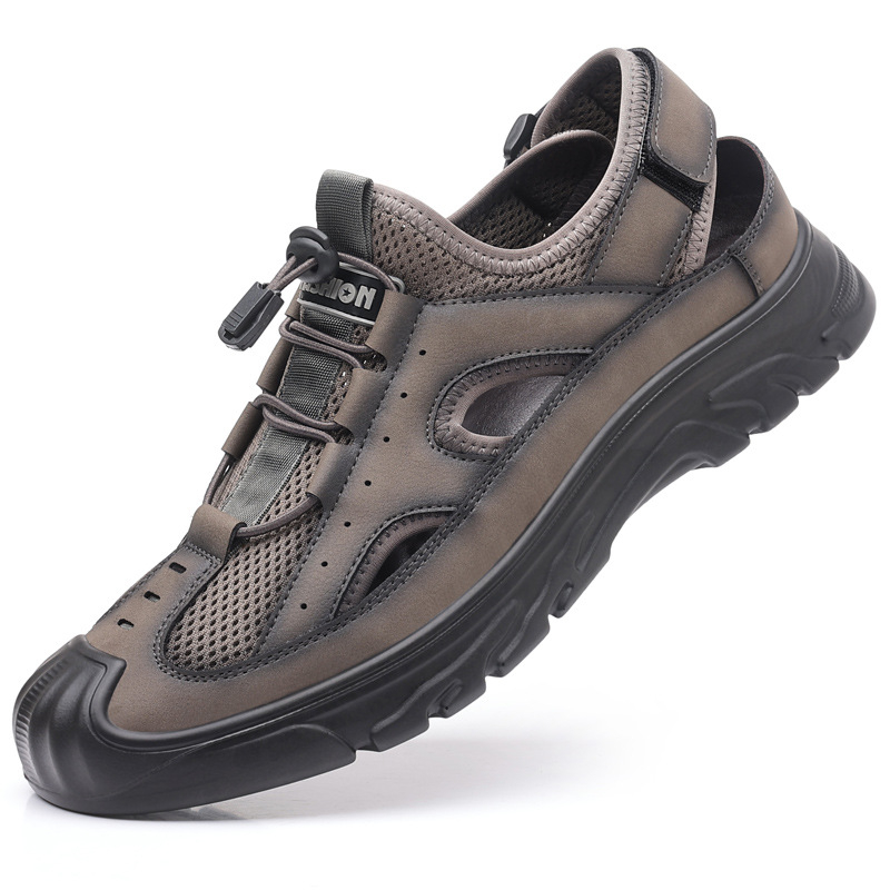 Ανδρικά αθλητικά σανδάλια με διαπερατό mesh άνω μέρος, slip-on με ελαστικό ιμάντα, vamp microfiber + mesh, δερμάτινη επένδυση, PU σόλα