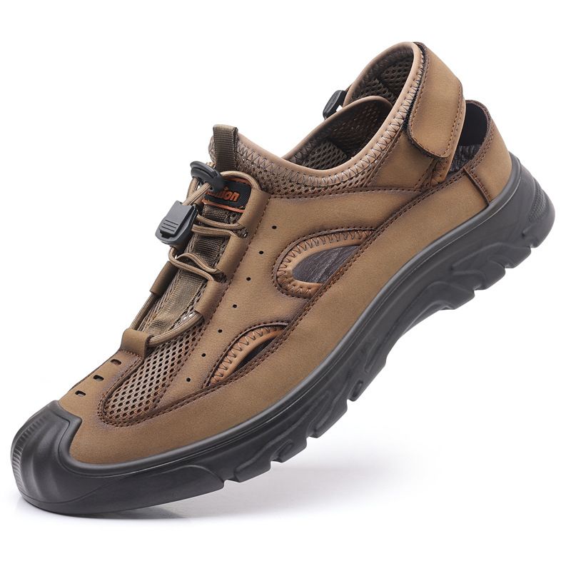 Ανδρικά αθλητικά σανδάλια με διαπερατό mesh άνω μέρος, slip-on με ελαστικό ιμάντα, vamp microfiber + mesh, δερμάτινη επένδυση, PU σόλα