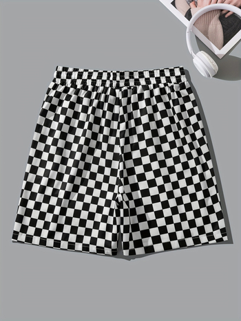 Σορτς με καρό εκτύπωση, κορδόνι στη μέση, πολυεστέρας, ίσια γραμμή, μικροελαστικότητα