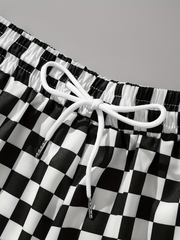 Σορτς με καρό εκτύπωση, κορδόνι στη μέση, πολυεστέρας, ίσια γραμμή, μικροελαστικότητα