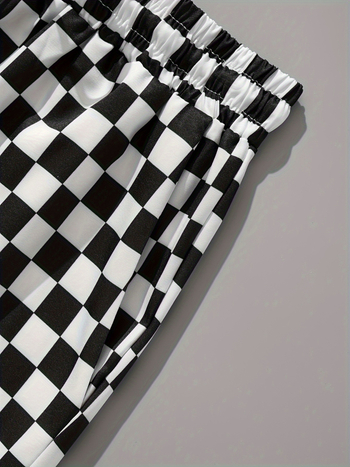 Σορτς με καρό εκτύπωση, κορδόνι στη μέση, πολυεστέρας, ίσια γραμμή, μικροελαστικότητα