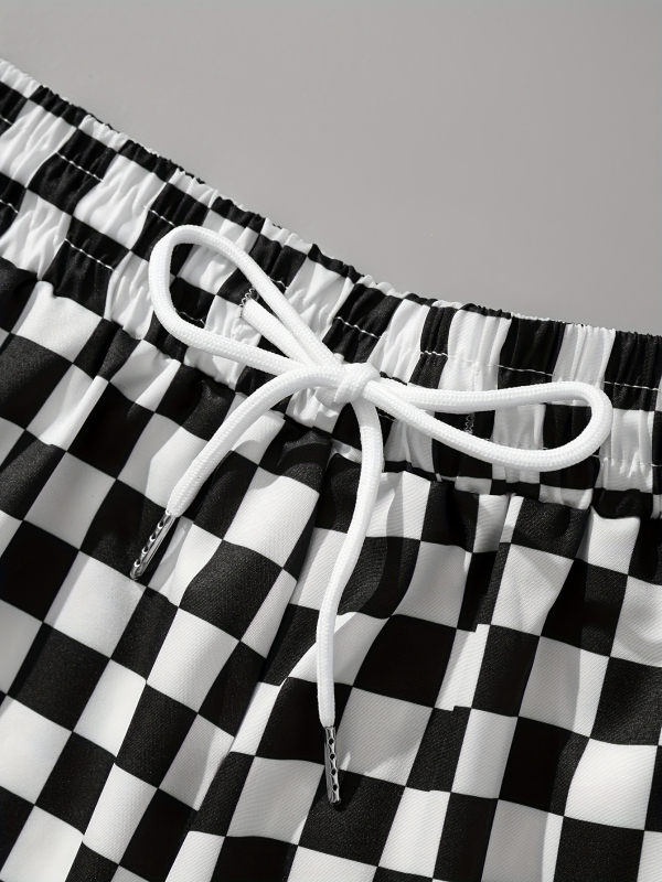 Σορτς με καρό εκτύπωση, κορδόνι στη μέση, πολυεστέρας, ίσια γραμμή, μικροελαστικότητα