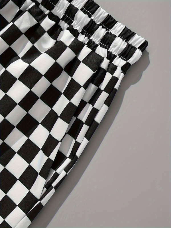 Σορτς με καρό εκτύπωση, κορδόνι στη μέση, πολυεστέρας, ίσια γραμμή, μικροελαστικότητα